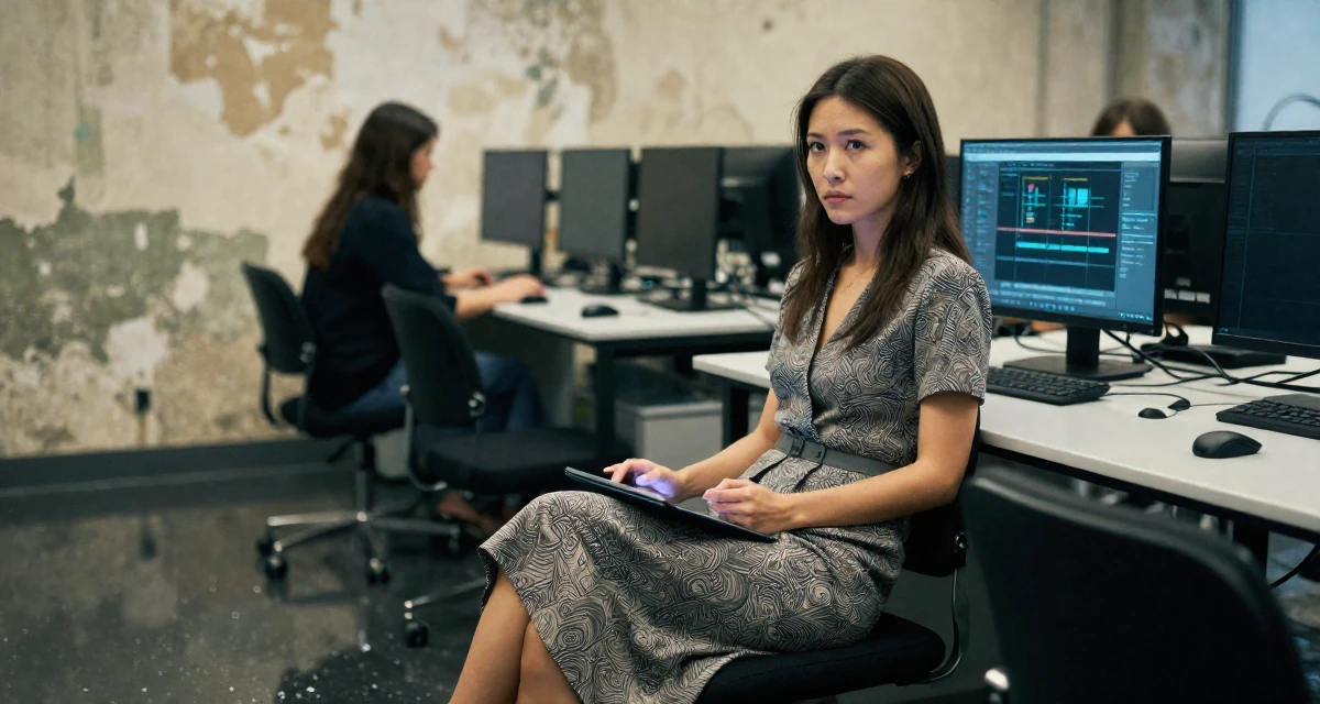 A assertive Female From Chinese-speaking regions, studied mechanical design in their 22, facing judgment from people who don’t understand creator life, wearing a sophisticated midi dress, holding a tablet in a cybernetic computer lab.