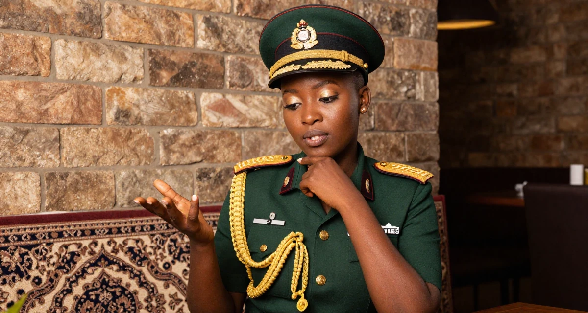A aloof Female From Burundi, studied business accounting in their 25, pushing through rejection from collab requests, wearing a military general uniform with gold braiding and a hat, gesturing while talking in a high-end restaurant.