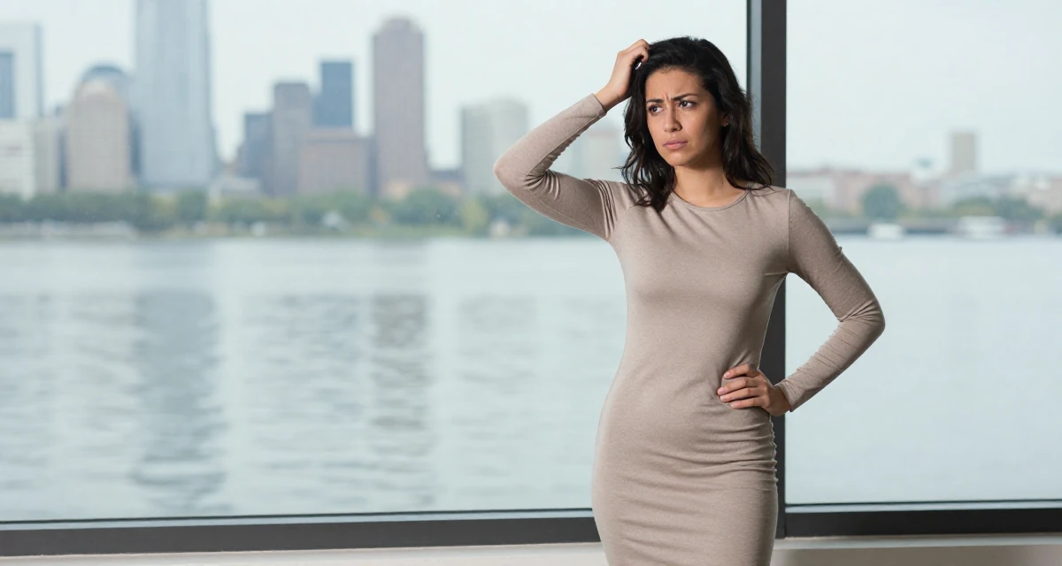 A yearning Female From USA, studied anthropology and folklore in their 20, navigating the chaos of freshman year university life, wearing a long-sleeve bodycon midi dress in neutral tones, scratching the head in confusion in a photo studio.