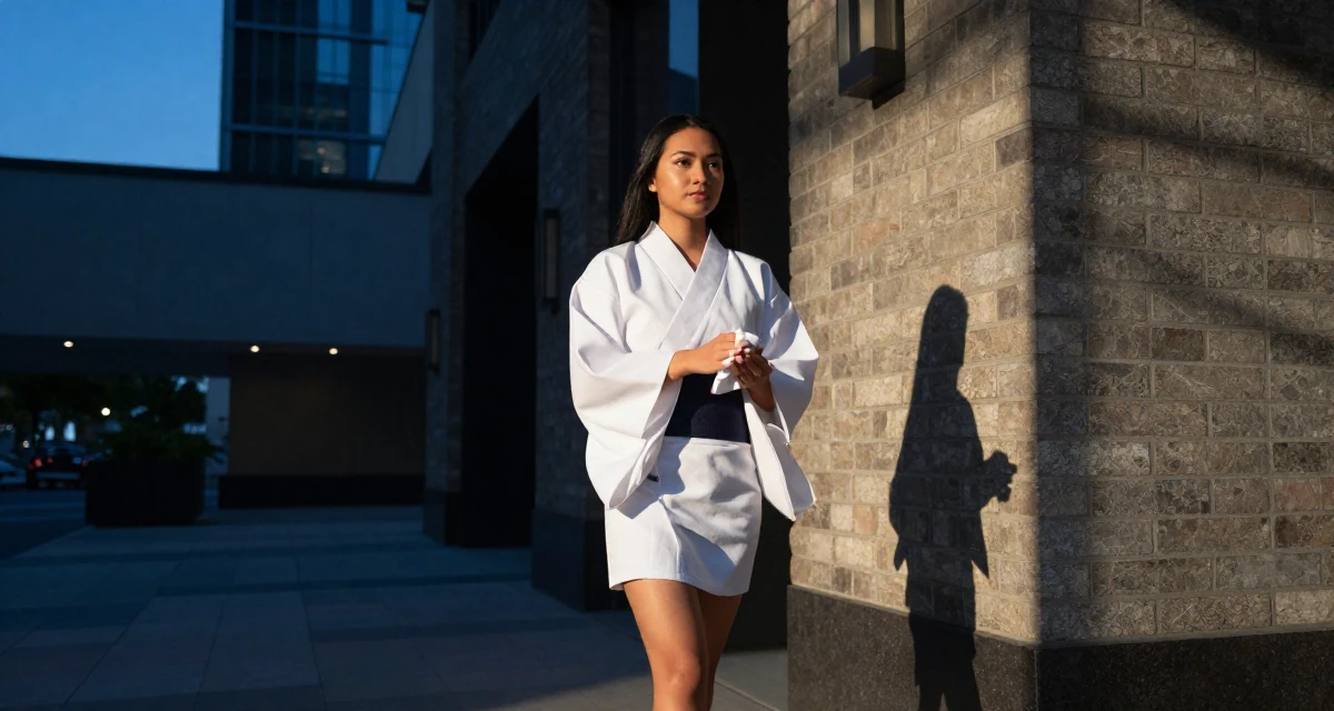 A calm and confident Female From the Philippines, majored in mass media in their 20, looking for their tribe in a new city, wearing a shrine maiden outfit with a short hakama skirt, wiping hands in a modern skyscraper lobby.