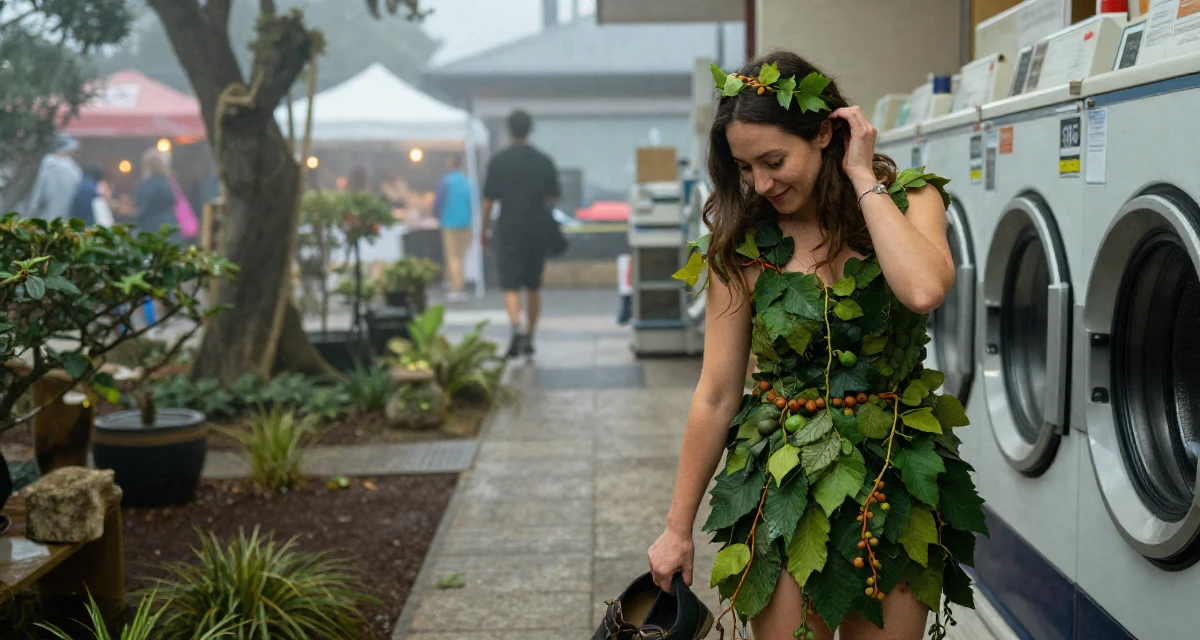 A amused Female From Australia, has a degree in environmental science in their 30, recovering workaholic learning to relax, wearing a forest dryad costume made of leaves and vines, looking down at shoes in a laundromat.