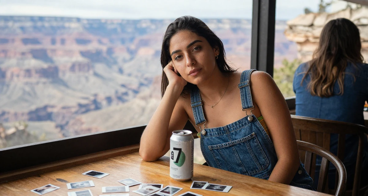 A cool and collected Female Born in Colombia, majored in media innovation in their 27, feeling more comfortable in their own skin, wearing a tube top and oversized denim overalls with one strap down, holding a beverage can in a cozy café.