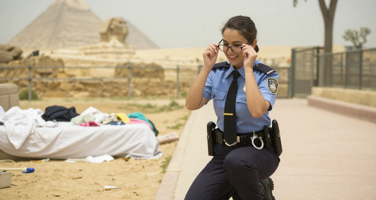 A warm and welcoming Female Once a kindergarten helper, now producing warm lifestyle aesthetics in their 25, learning to deal with unsolicited feedback online, wearing a police officer uniform with a badge and handcuffs, pushing glasses up the nose in a zoo enclosure path.