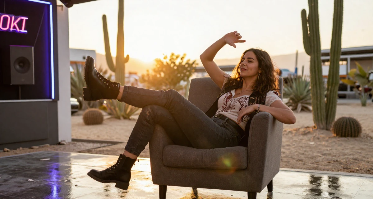 A lighthearted Female From Athens Greece, learned movement expression through traditional dance in their 23, embracing flirtatious storytelling in creative sets, wearing a edgy street style with boots, shading eyes from the sun in a radio station.