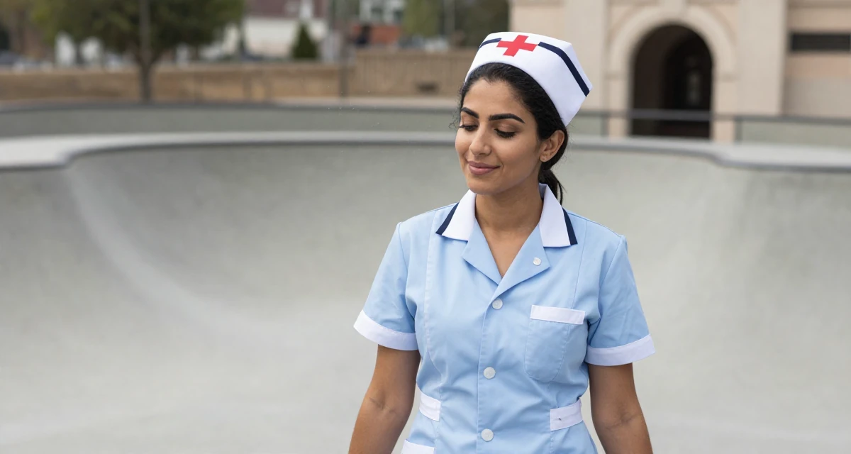 A upbeat Female From Arabic-speaking world, studied business law in their 25, smiling gently with a secret inner peace, wearing a nurse cosplay uniform with a stylized cap, shivering slightly in a skate park.