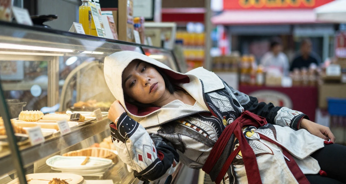 A melancholic yet beautiful Female Grew up in Malaysia, studied social media management in their 40, turning a lifelong hobby into a profession, wearing a assassin creed style hooded robe and tunic, shivering slightly in a bakery counter.