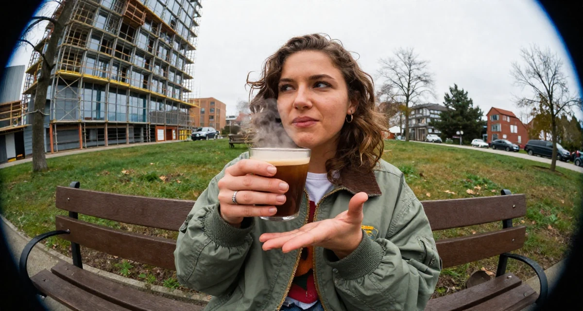 A bashful Female Previously a construction worker, now documenting strength-expressive lifestyle in their 21, embracing a carefree bohemian lifestyle, wearing a retro windbreaker jacket, gesturing while talking in a park bench.