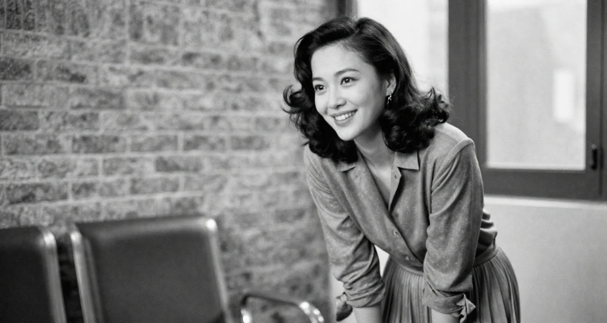 A alert and attentive Female From Shanghai China, majored in journalism in their 26, searching for a partner with shared values, wearing a relaxed fit pleated trousers, laughing softly in a waiting room.