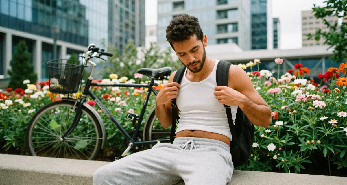 A timid male Born in the Dominican Republic, studied tourism marketing in their 23, realizing early burnout is real but pushing anyway, wearing a cropped tank top and low-waisted sweatpants, adjusting a backpack strap in a blooming flower garden.