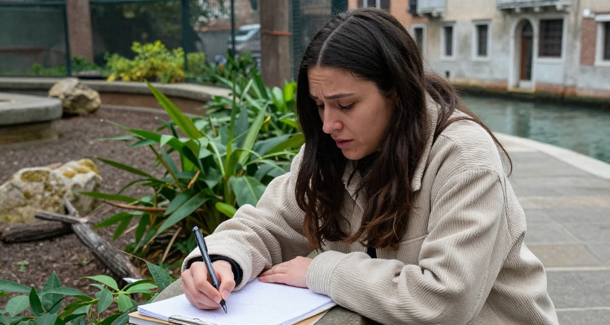 A emotionally moved Female Previous dental assistant, now exploring body-empowerment narratives in their 25, struggling to stay consistent during exams, wearing a soft texture corduroy jacket, holding a pen poised to write in a zoo enclosure path.