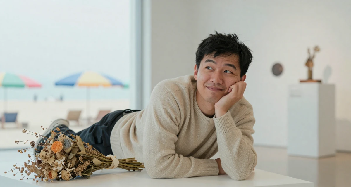 A charming male Once a junior marketing intern, now a full-time creator in their 37, embracing the chaos of family life with humor, wearing a soft cashmere sweater look, resting a chin on a hand in a museum exhibit.