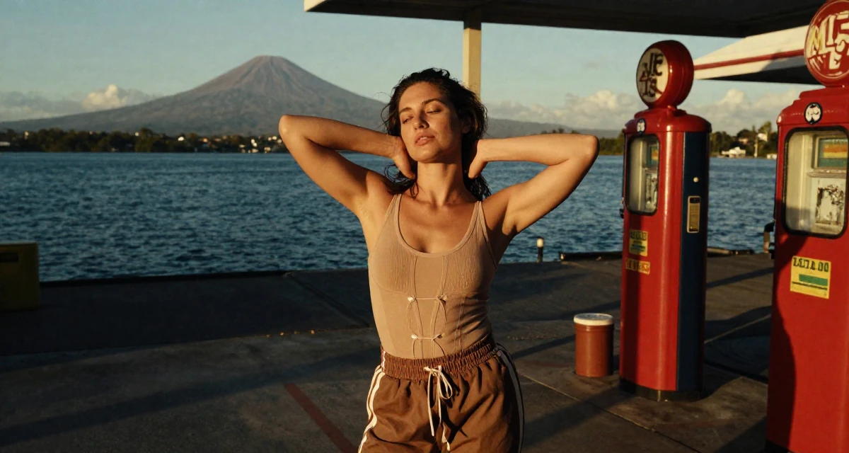 A carefree Female From Miami USA, studied hospitality and tourism in their 48, sharing lessons learned from failure, wearing a mesh paneled bodysuit and track pants, stretching the neck in a lakeside dock.