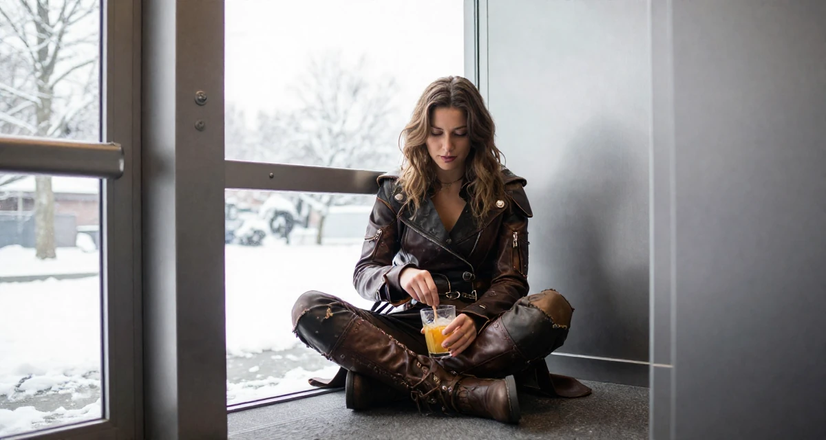 A warm Female Former café waitress, now documenting daily aesthetics for fans in their 24, observing peers’ progress and feeling comparison pressure, wearing a post-apocalyptic scavenger outfit with distressed leather, stirring a drink in a corporate elevator.