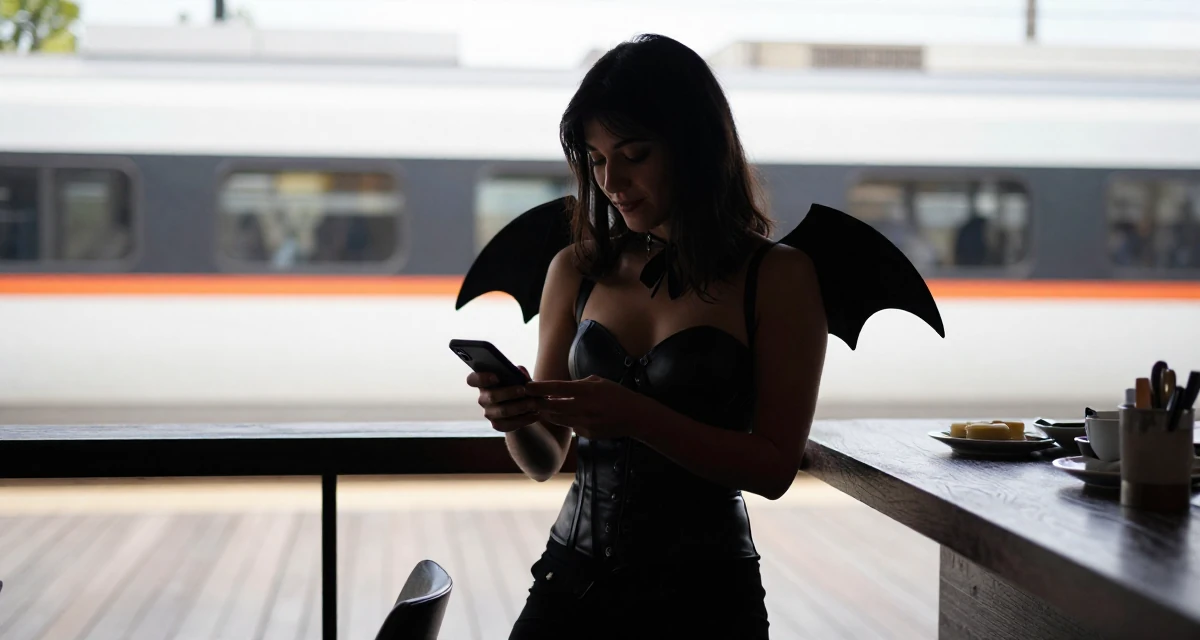 A lighthearted Female Former hotel concierge, now offering luxury-inspired lifestyle content in their 24, exploring side hustles to supplement income, wearing a succubus costume with small wings and a leather bustier, unlocking a phone screen in a breakfast nook.