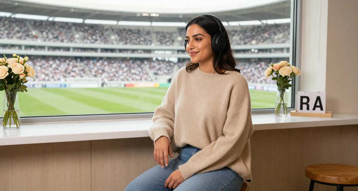 A smiling gently Female From Arabic-speaking world, studied interior architecture in their 36, sharing the ups and downs of entrepreneurship, wearing a oversized beige sweater and jeans, listening to music with headphones in a bakery counter.