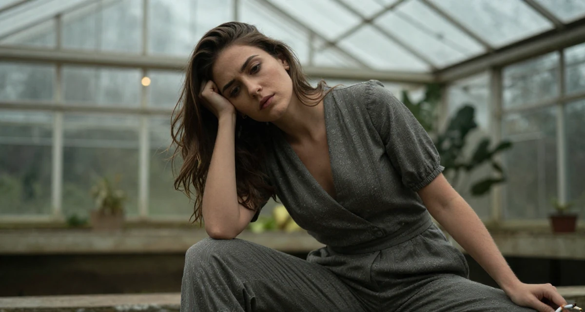 A melancholic Female From Ecuador, studied system engineering in their 25, setting long-term goals for subscriptions and renewals, wearing a chic jumpsuit styling, holding a cigarette (lit or unlit) in a greenhouse interior.