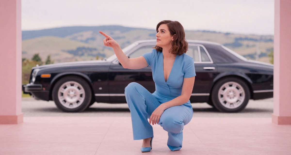 A relaxed and observant Female From Canada, majored in english and creative writing in their 23, becoming skilled at angles that highlight confidence, wearing a tailored jumpsuit with a deep v-neck, pointing at something distant in a banquet hall.