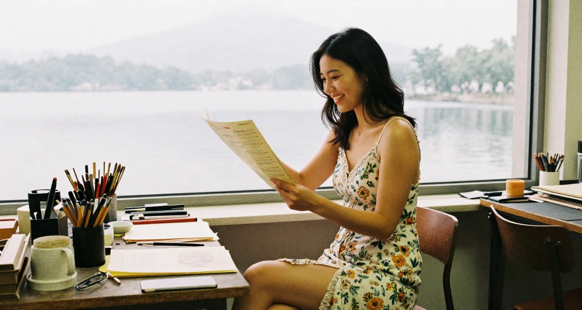 A delighted Female From Hong Kong, majored in graphic design in their 33, balancing softness with inner strength, wearing a spaghetti strap summer dress with a high slit, looking at a menu in a artist workshop.