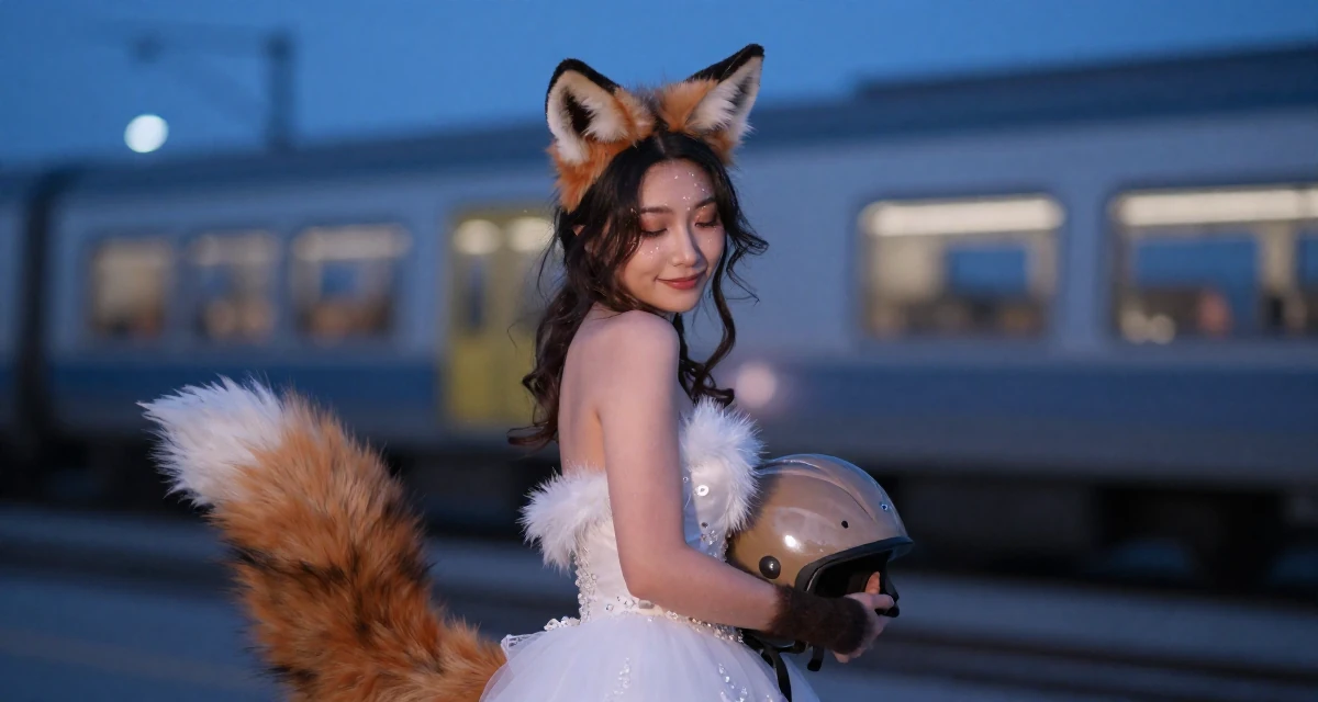 A sweet Female From Canada, based in Montreal, graduated from a design program majoring in intimate visual arts in their 31, finding joy in small daily rituals, wearing a fox spirit (kitsune) outfit with fluffy ears and tails, holding a helmet under one arm in a wedding venue.