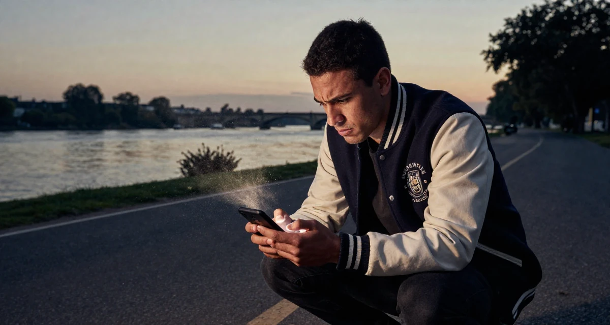 A cynical male From Argentina, based in Buenos Aires, graduated from a media institute majoring in flirtatious content styling in their 31, exploring local culture and hidden gems, wearing a casual varsity jacket look, unlocking a phone screen in a country road.