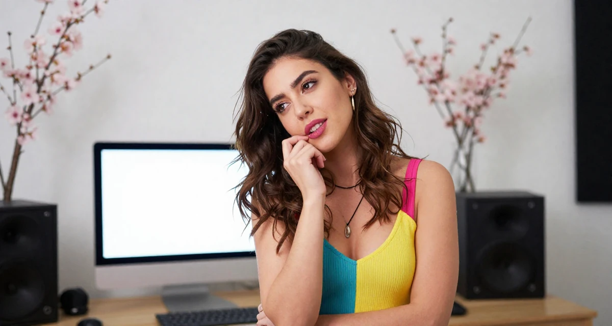 A relaxed and carefree Female Raised in Turkey, studied media relations and advertising in their 24, stepping into a more empowered, seductive creator phase, wearing a pop of color accessory look, biting the lower lip softly in a music studio.