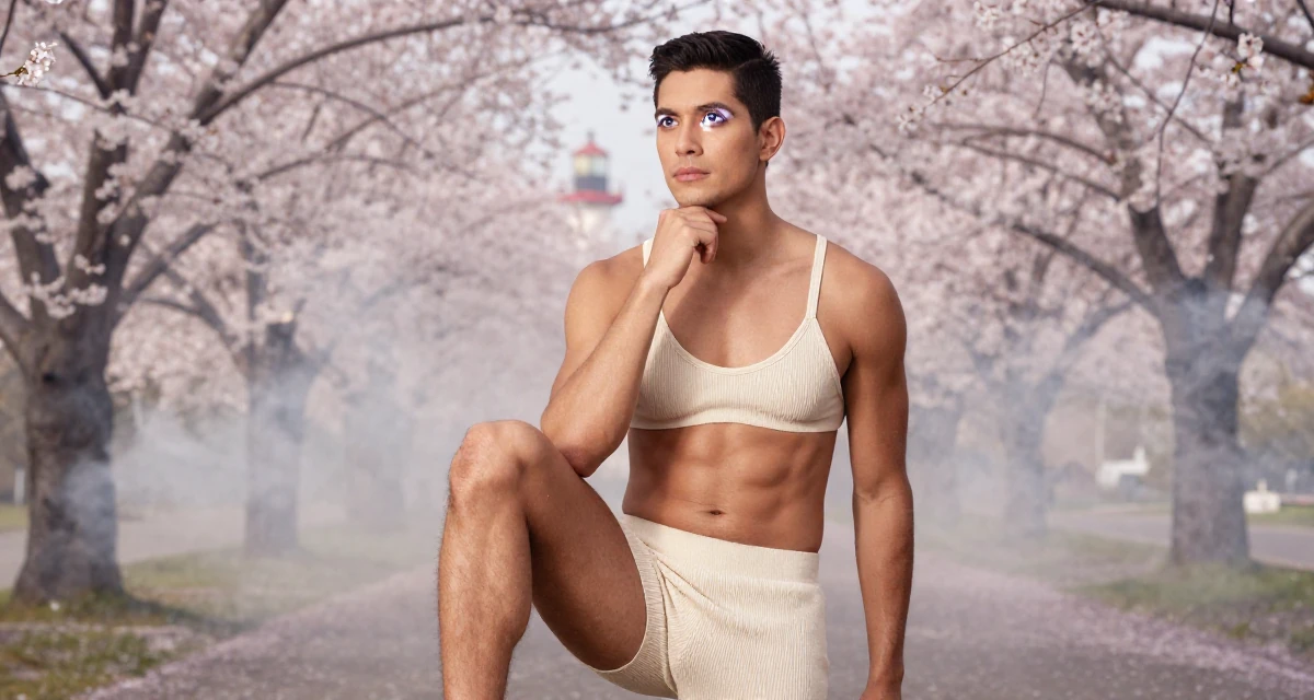 A quietly confident male From Honduras, majored in creative writing in their 31, re-evaluating long-term career goals, wearing a ribbed knit shorts and a matching bra top, touching the chin thoughtfully in a cherry blossom park.