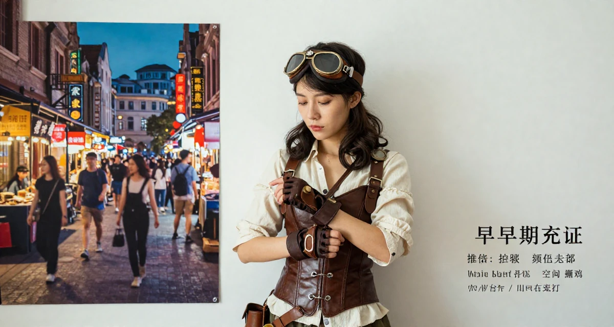 A nostalgic Female From Shanghai China, majored in journalism in their 23, realizing early burnout is real but pushing anyway, wearing a steampunk adventurer outfit with a corset and goggles, putting on a glove in a historic downtown.