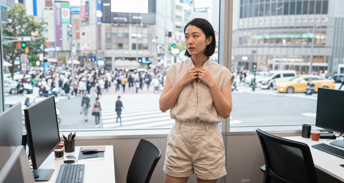 A fearless Female From China, majored in economics at a top university in their 35, sharing luxury travel experiences on a budget, wearing a chic summer linen outfit, fixing a collar in a office workspace.