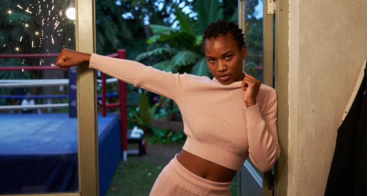 A intense Female Born in Haiti, majored in international relations in their 22, sacrificing weekends for content planning, wearing a soft pastel-colored ensemble, pulling a sweater sleeves over hands in a boxing ring.
