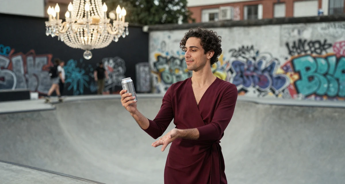 A softly smiling male From Madrid Spain, studied sensual dance and camera presence in their 26, juggling real-life chaos with online expectations, wearing a elegant wrap dress in deep burgundy, opening a soda can in a skate park.