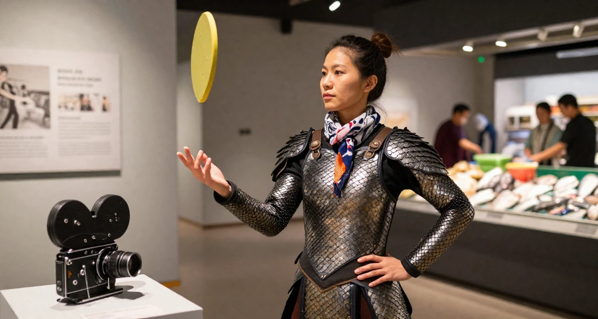 A settled Female Former aerobics instructor, now filming premium workout sessions in their 43, juggling two jobs, wearing a dragon scale armor texture with metallic sheen, wrapping a scarf around the neck in a museum exhibit.