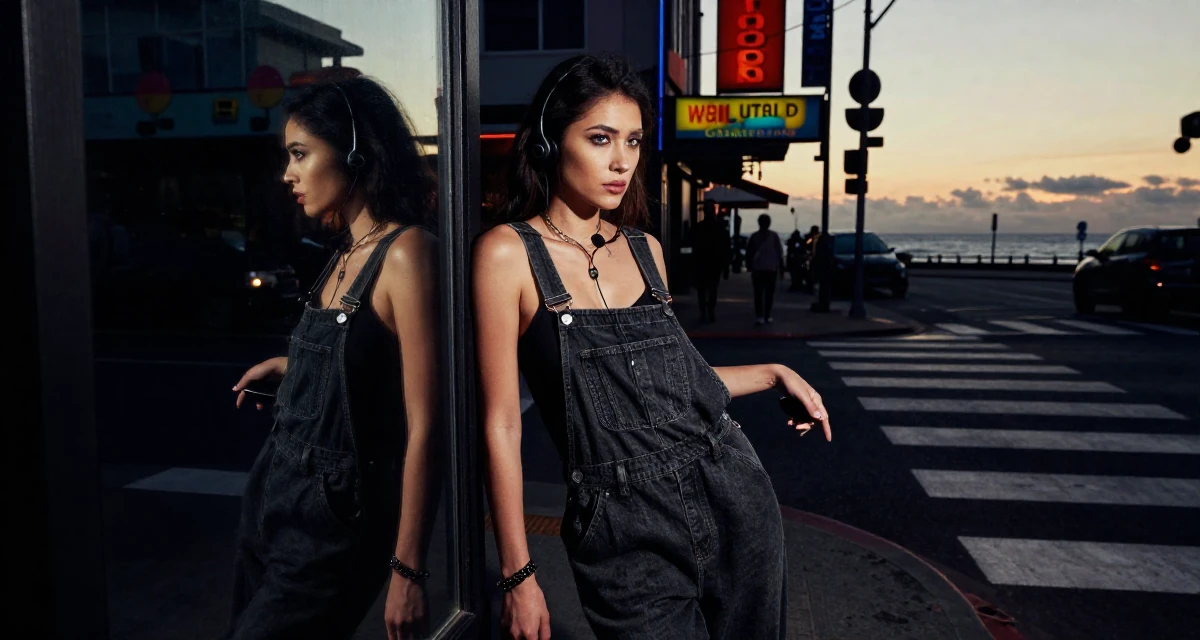 A serious Female Once a call-center agent, now a confident camera-ready creator in their 32, finding confidence in a leadership role, wearing a relaxed dungarees or overalls, opening a door in a busy crosswalk.