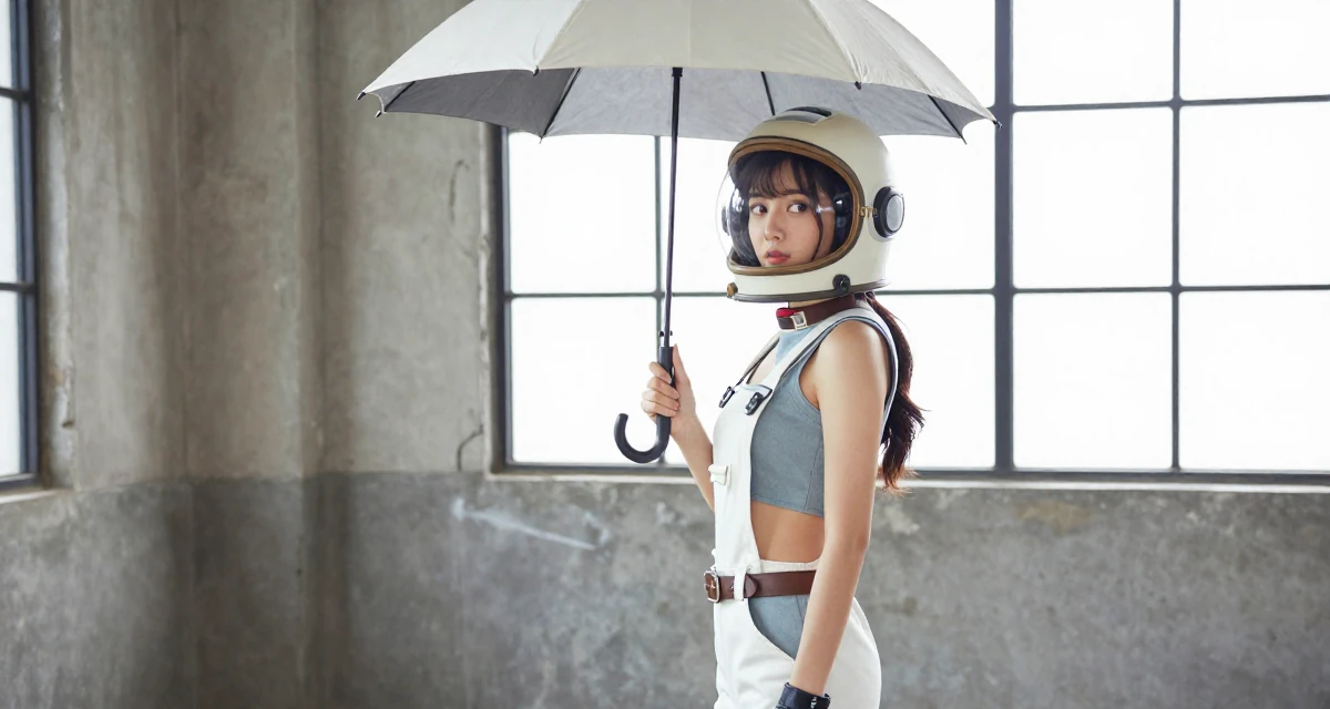 A grounded Female Once a junior accountant, now embracing creative independence in their 25, crafting a cute–seductive persona while studying full-time, wearing a retro sci-fi space girl outfit with a bubble helmet, holding an umbrella in a industrial loft.