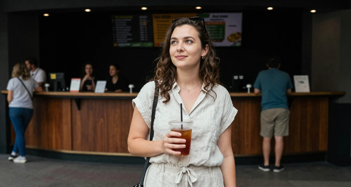 A dreamy Female From Canada, majored in english and creative writing in their 20, full of naive optimism and energy, wearing a chic summer linen outfit, holding a cold drink in a cinema entrance.