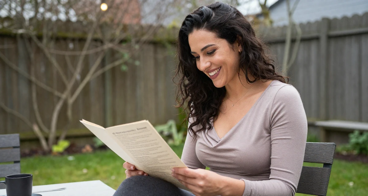 A joyful Female From Belgium, majored in political science in their 23, learning to express sensuality without crossing personal limits, wearing a draped neckline top and fitted slacks, looking at a menu in a backyard garden.