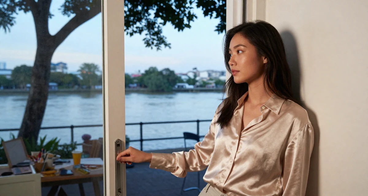 A soulful Female From Penang Malaysia, studied UI/UX design in their 27, feeling more comfortable in their own skin, wearing a satin button-up shirt in champagne color, opening a door in a messy artist studio.