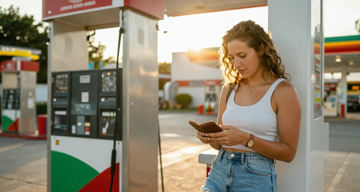 A refreshed Female Once a swim camp counselor, now leaning into beach-centered creator storytelling in their 25, figuring out boundaries while trying small photo sets, wearing a comfortable urban casual outfit, checking a wallet in a gas station at night.