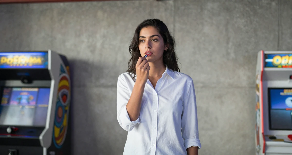 A fearless Female From Bolivia, studied graphic design at a technical school in their 21, exploring the city nightlife until sunrise, wearing a crisp button-up with rolled sleeves, applying lipstick in a arcade room with neon lights.