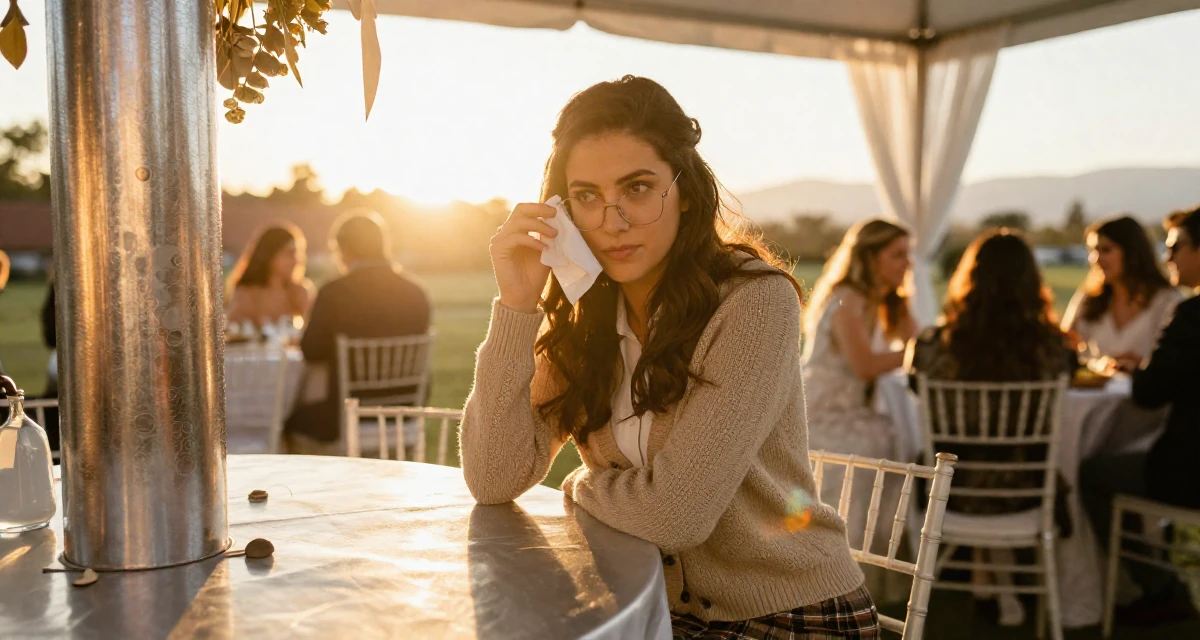 A absent-minded Female From Chile, majored in astronomy in their 25, hiding early creator work from family and classmates, wearing a classic librarian style cardigan and a plaid skirt, cleaning glasses with a cloth in a wedding venue.