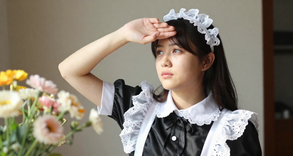 A sentimental Female Once a junior accountant, now embracing creative independence in their 24, understanding personal limits and staying safe, wearing a french maid costume with black silk and white lace, shading eyes from the sun in a home interior.