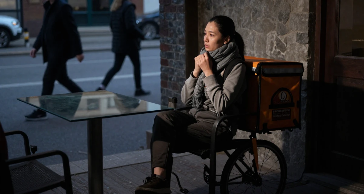 A relaxed Female Former food delivery biker, now exploring creator freedom in their 22, learning that fans disappear as fast as they come, wearing a comfortable travel outfit, wrapping a scarf around the neck in a front porch.