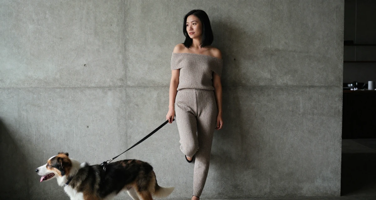A reassured Female From Chengdu China, majored in fashion design in their 31, navigating the balance between career and new motherhood, wearing a off-the-shoulder knit top and dress pants, walking a dog (leash visible) in a home interior.