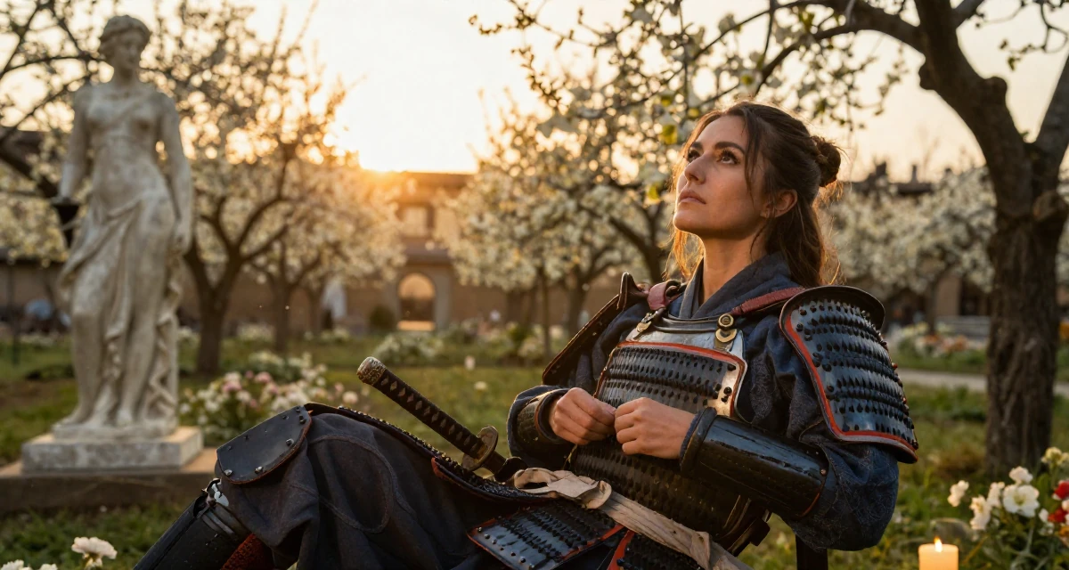 A intense Female From Florence Italy, majored in sculpture arts in their 23, deciding between safe and risky career moves, wearing a samurai armor set with a katana at the waist, buttoning up a jacket in a blooming flower garden.