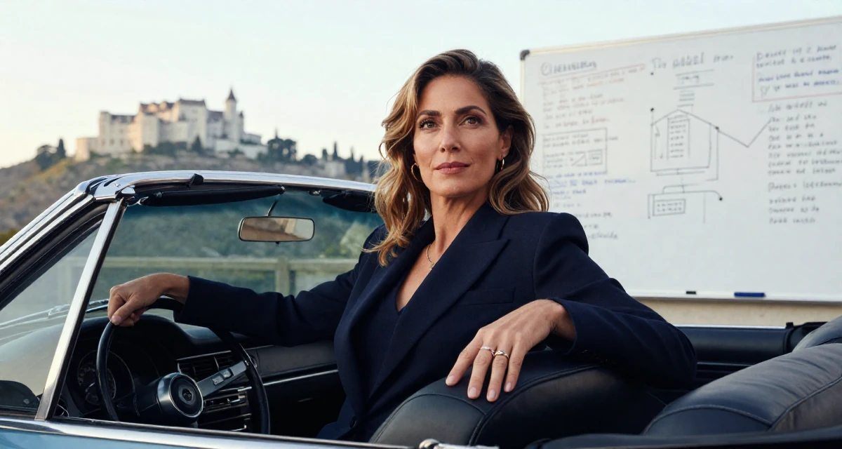 A aloof but intriguing Female From Israel, studied behavioral economics in their 39, sharing sophisticated style tips for mature women, wearing a sleek modern tailored look, playing with a ring in a vintage convertible car.