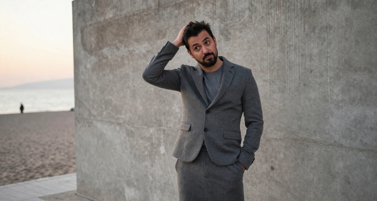 A playful male From Istanbul Türkiye, studied interior design in their 37, sharing tips for successful networking, wearing a grey wool skirt suit with a fitted jacket, scratching a head lightly in a sunset beach.