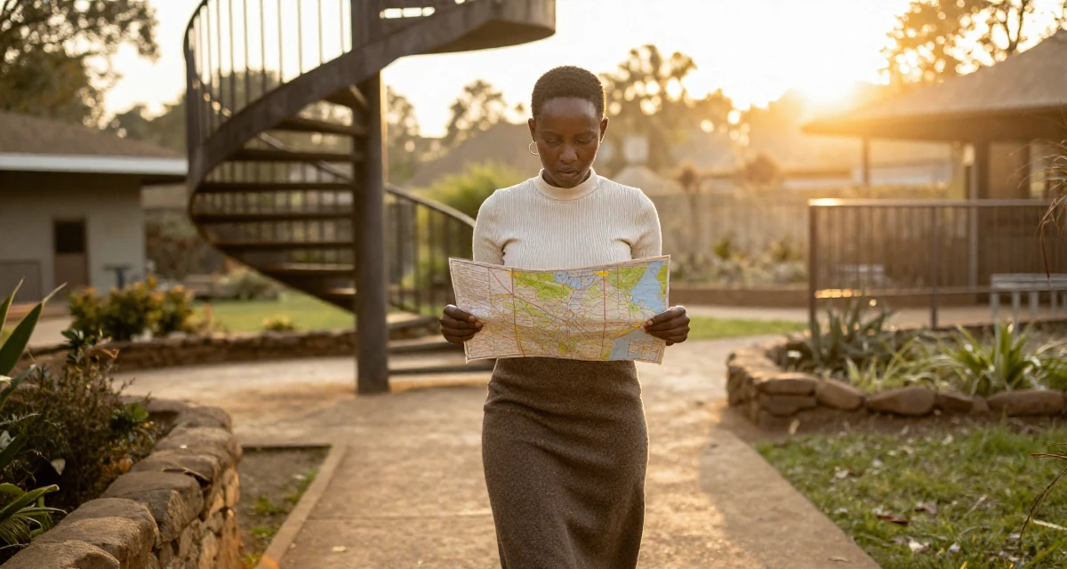 A dazed Female From Kenya, based in Nairobi, graduated from a creative institute majoring in aesthetic communication in their 49, celebrating a life of resilience and grit, wearing a ribbed mock neck top and a long wool skirt, looking at a map in a zoo pathway.