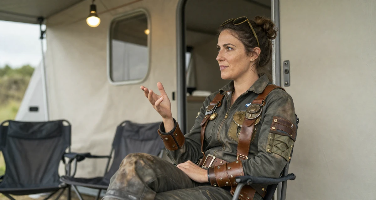 A reassured Female From Portugal, studied marine sciences in their 49, savvy investor sharing retirement planning tips, wearing a steampunk mechanic jumpsuit with grease stains, leaning against a door in a camping site.