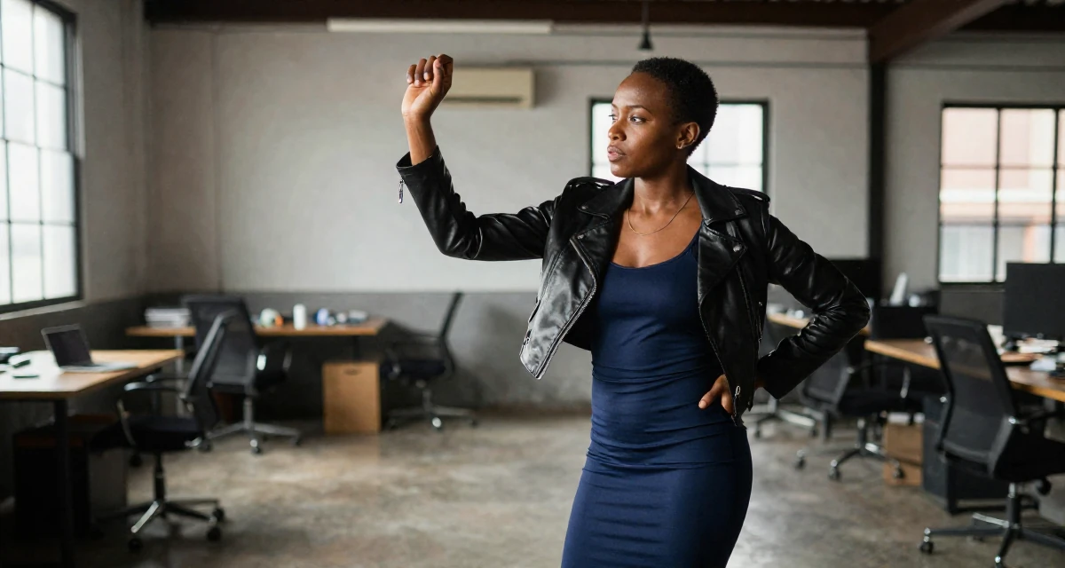 A pensive Female From Kenya, based in Nairobi, graduated from a creative institute majoring in aesthetic communication in their 46, sharing elegant fashion tips for the office, wearing a cropped leather jacket and a bodycon dress, looking for something in a pocket in a industrial loft.
