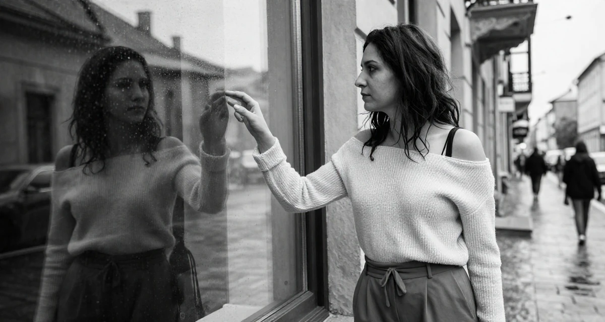 A solemn Female From Bulgaria, based in Varna, graduated from an arts college majoring in atmospheric performance aesthetics in their 30, freelancing after a layoff, wearing a off-the-shoulder knit top and dress pants, looking out the window in a historic downtown.
