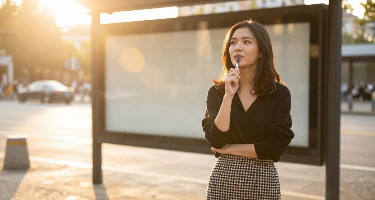 A warm and welcoming Female From Chengdu China, self-taught photographer with nightlife roots in their 21, full of rebellious spirit and curiosity, wearing a houndstooth pattern skirt and black top, chewing on a pen thoughtlessly in a bus stop.